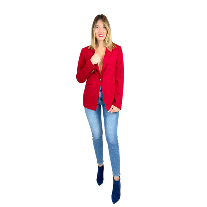 Giacca blazer rossa con chiusura a un bottone metallico modello classico in viscosa.   