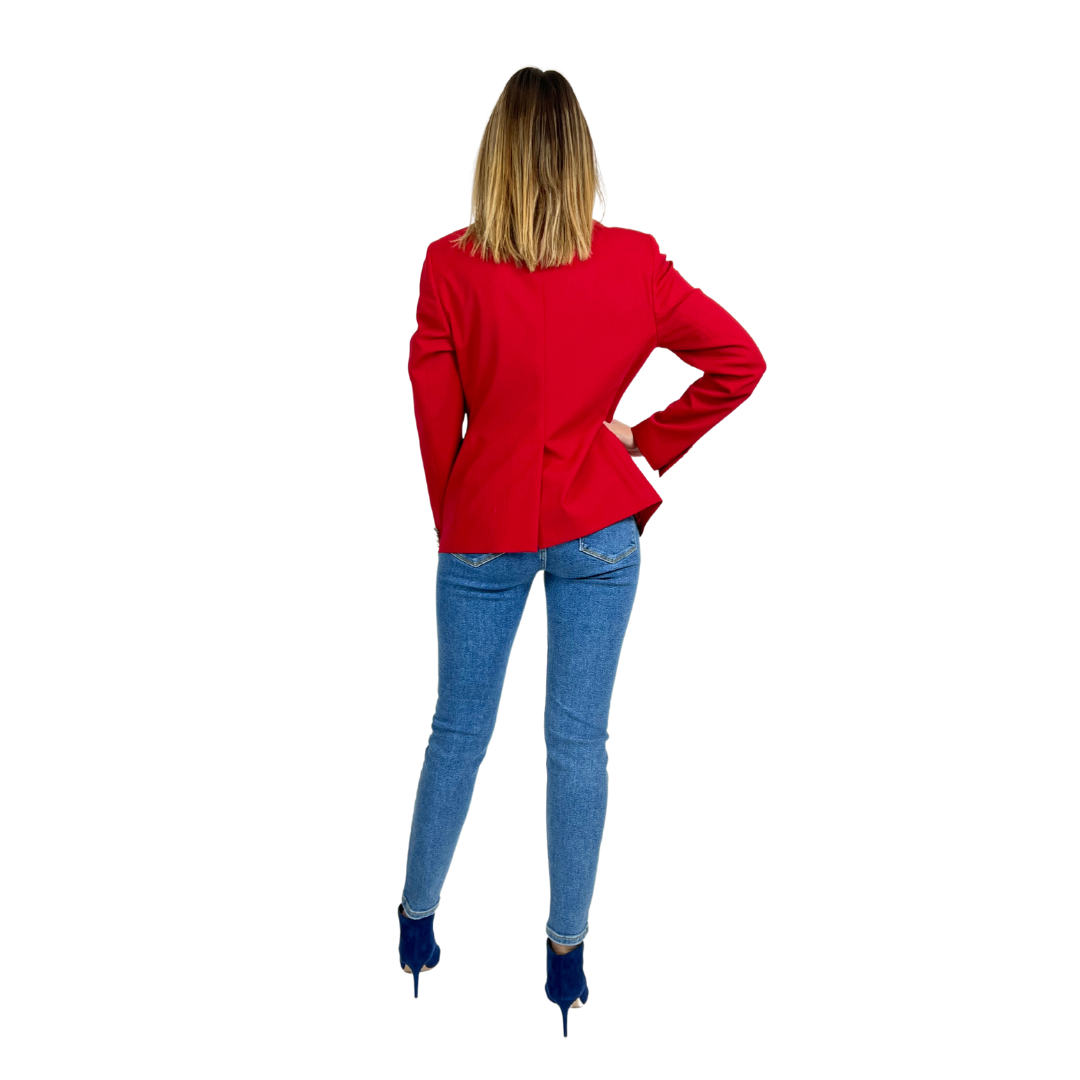 Giacca blazer rossa con chiusura a un bottone metallico modello classico in viscosa.   
