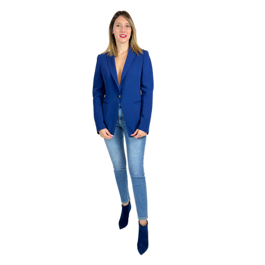 Giacca blazer bluette, chiusura ad un bottone metallico, modello classico in viscosa.