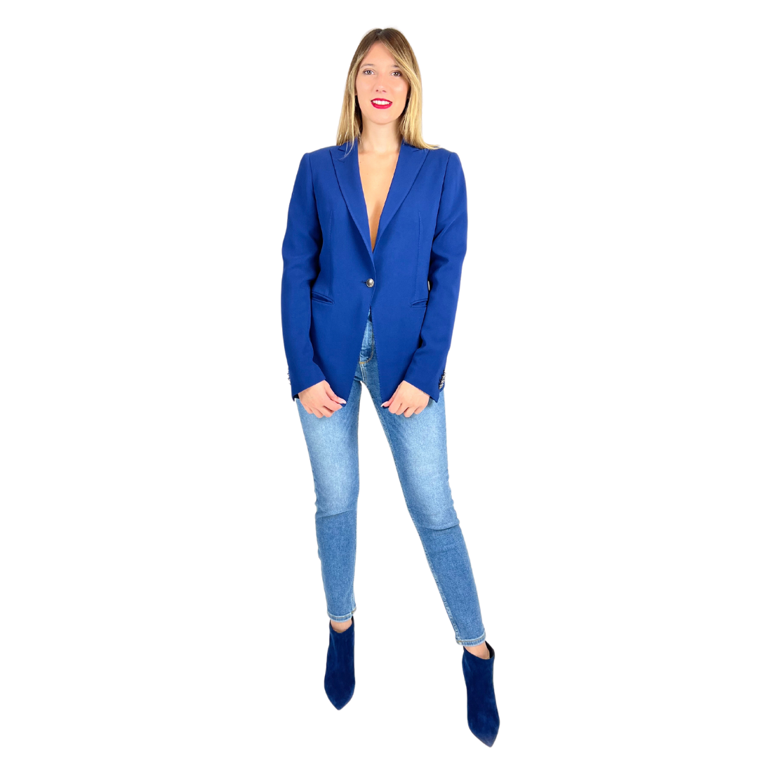 Giacca blazer bluette, chiusura ad un bottone metallico, modello classico in viscosa.