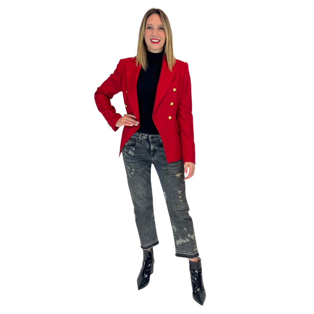 Giacca blazer doppio petto rossa in fresco di lana con bottoni oro ricamati, tre tasche, in taglia 44 italiana