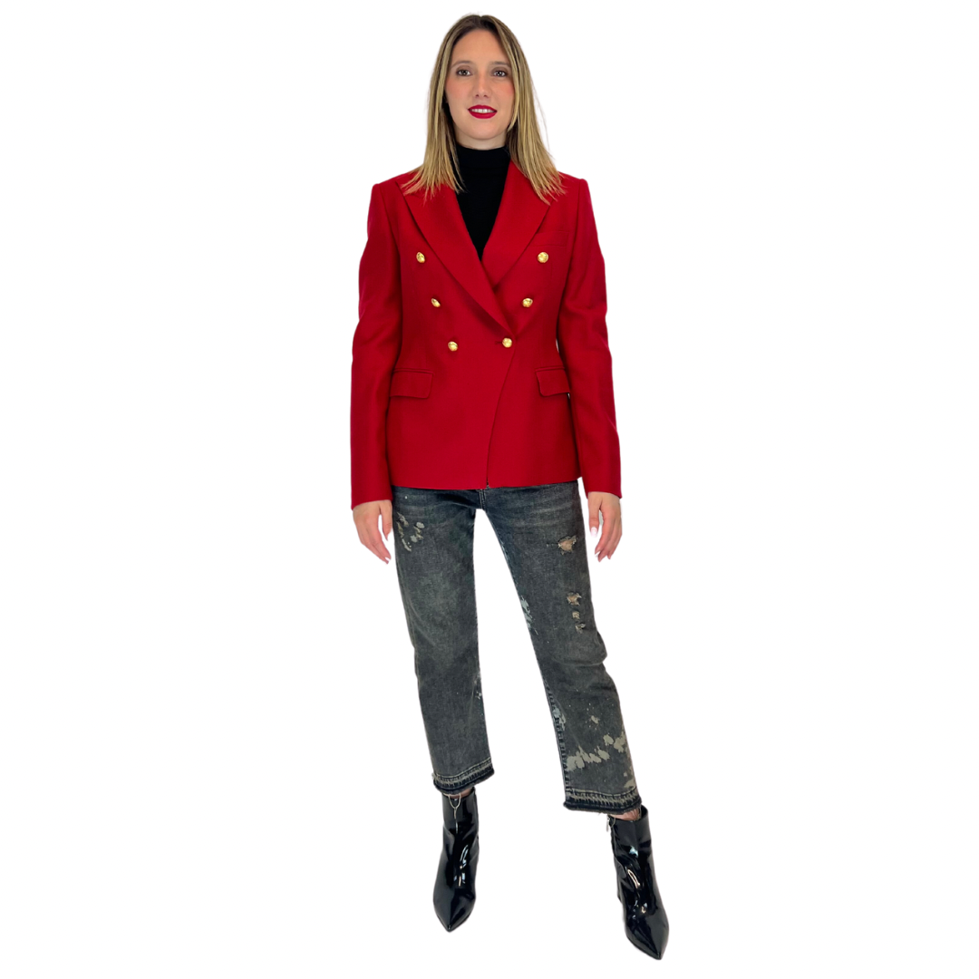 Giacca blazer doppio petto rossa in fresco di lana con bottoni oro ricamati, tre tasche, in taglia 44 italiana