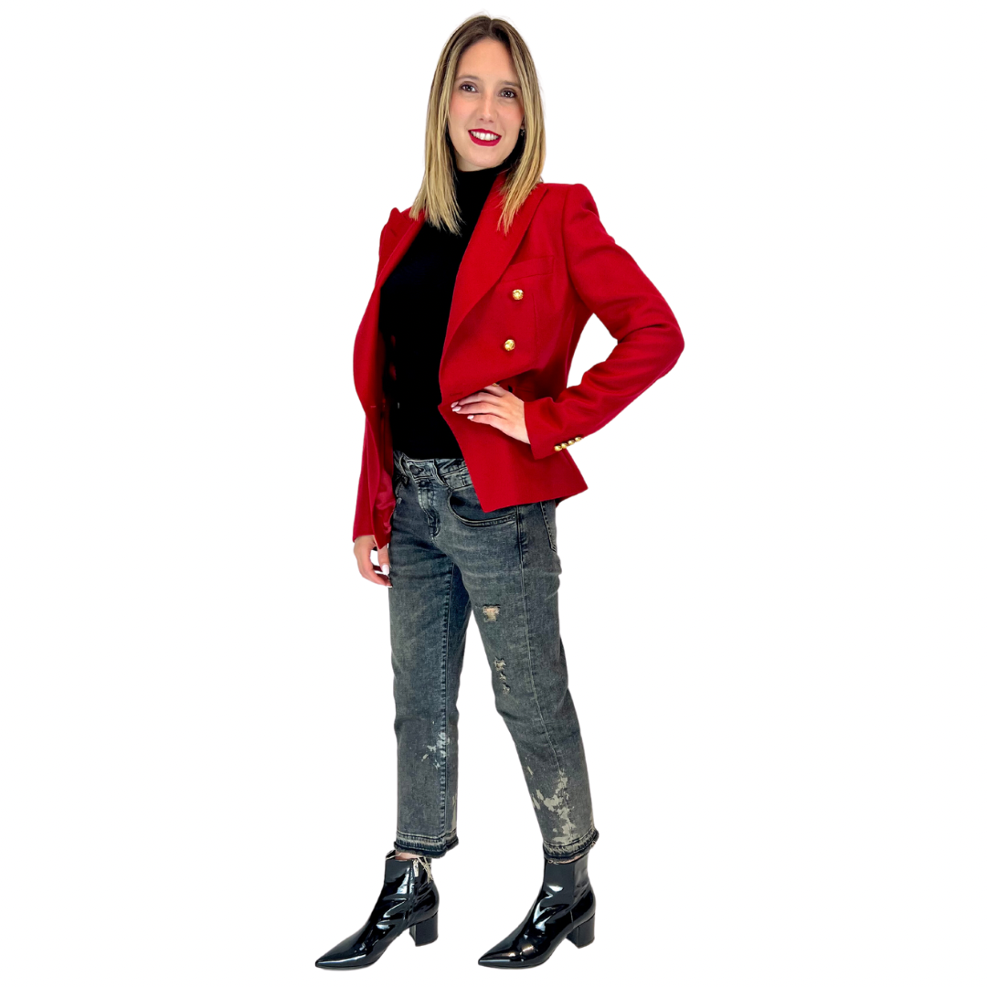 Giacca blazer doppio petto rossa in fresco di lana con bottoni oro ricamati, tre tasche, in taglia 44 italiana