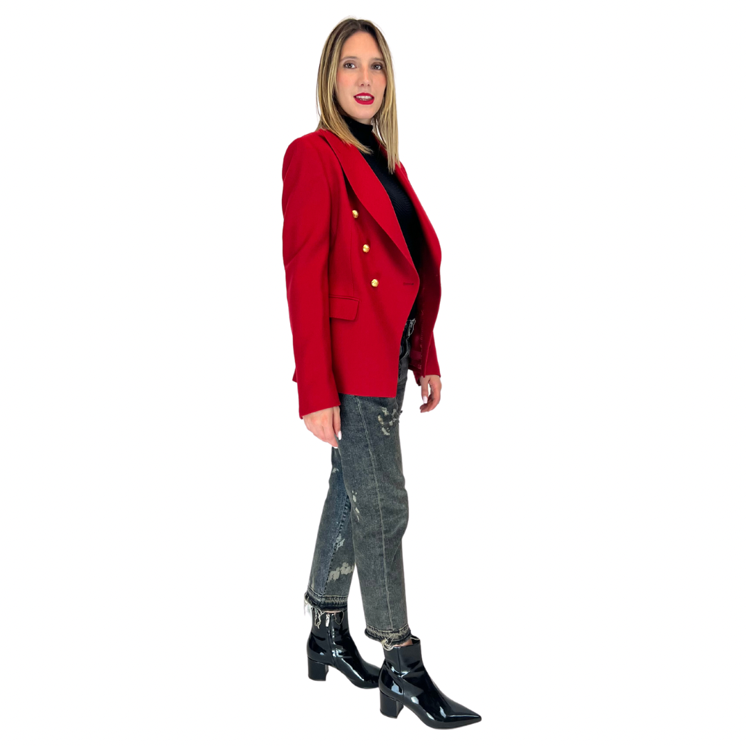 Giacca blazer doppio petto rossa in fresco di lana con bottoni oro ricamati, tre tasche, in taglia 44 italiana