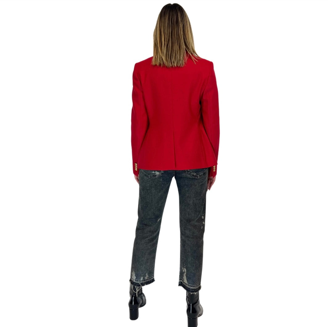 Giacca blazer doppio petto rossa in fresco di lana con bottoni oro ricamati, tre tasche, in taglia 44 italiana