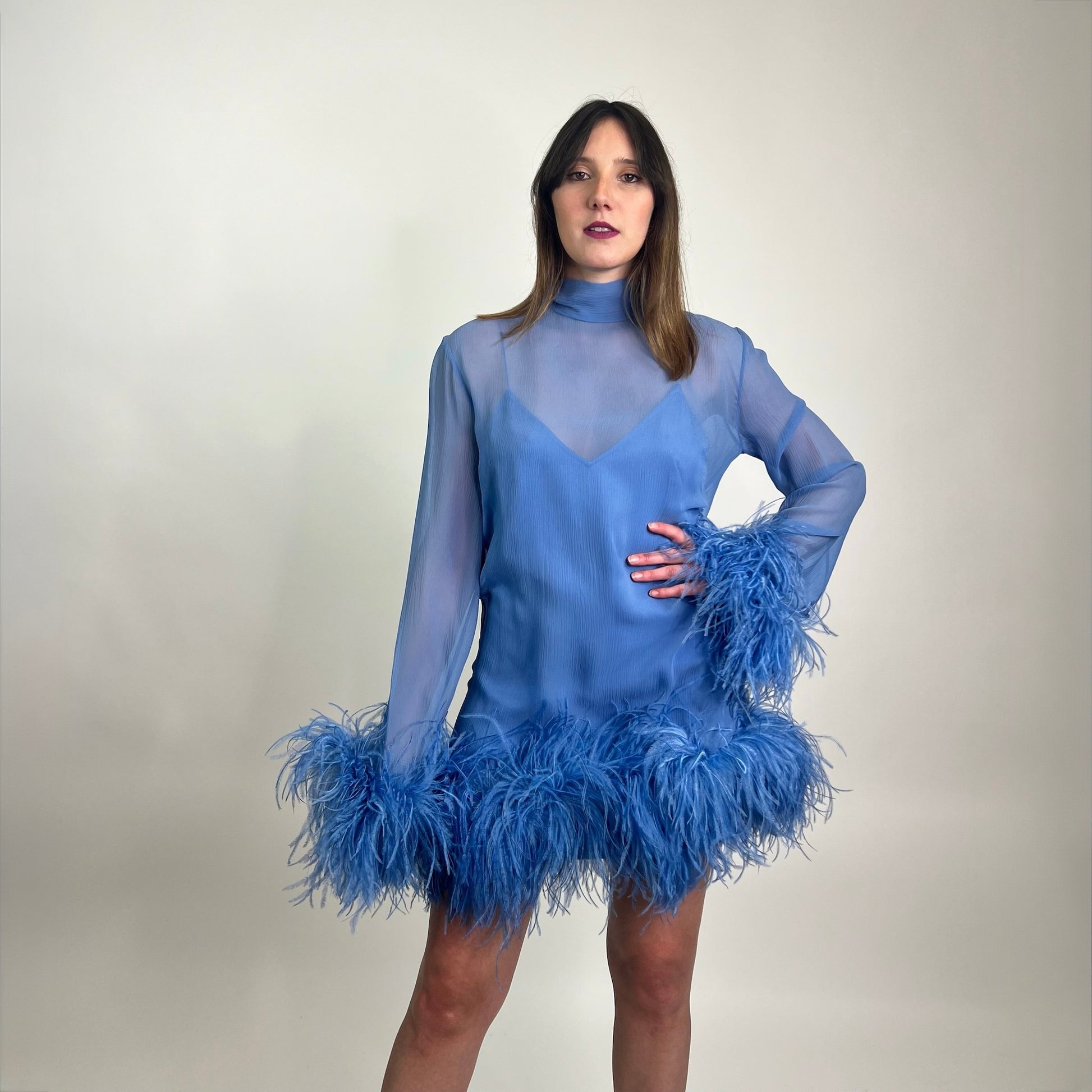 TALLER MARMO Abito in voile di seta carta da zucchero con piume