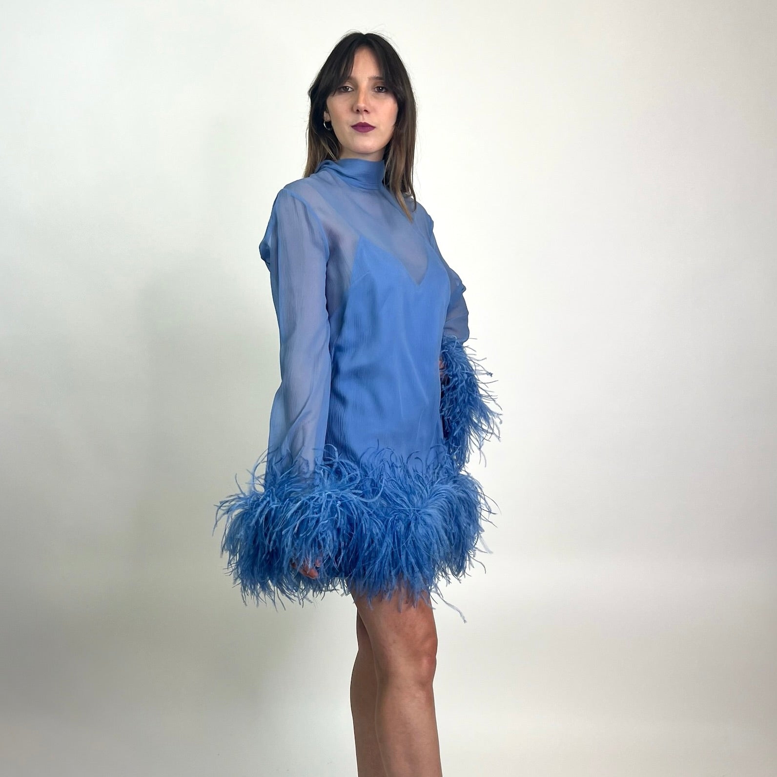 TALLER MARMO Abito in voile di seta carta da zucchero con piume