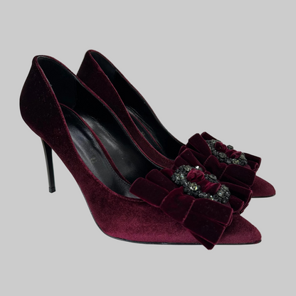 TIPE E TACCHI Scarpa décolleté velluto rosso burgundi con fiocco e pietre