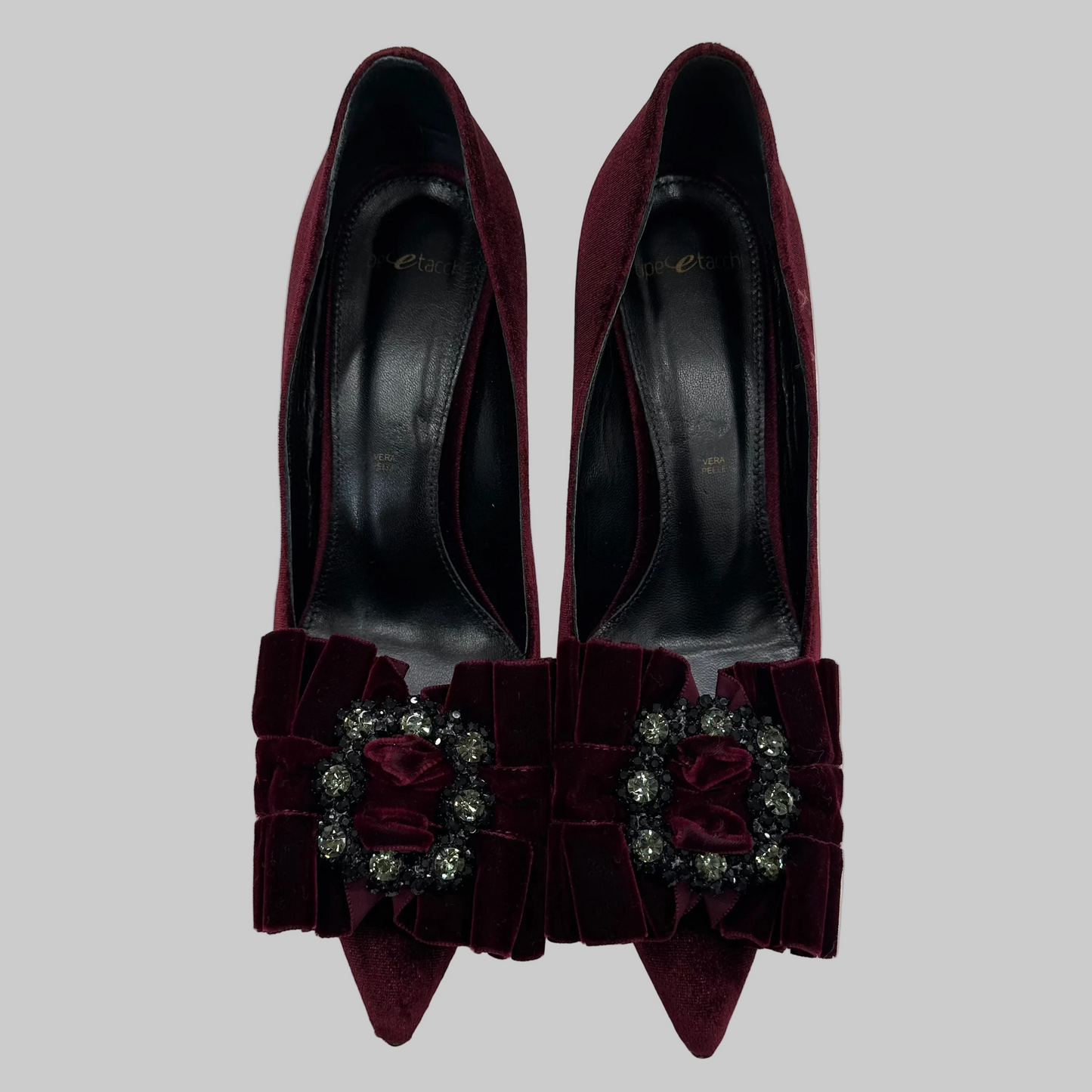TIPE E TACCHI Scarpa décolleté velluto rosso burgundi con fiocco e pietre