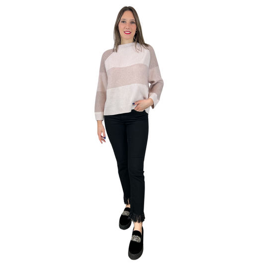 Maglia a costine rosa cipria con parti rosa più scuro in lane miste, modello ampio, girocollo 