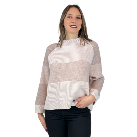 Maglia a costine rosa cipria con parti rosa più scuro in lane miste, modello ampio, girocollo 