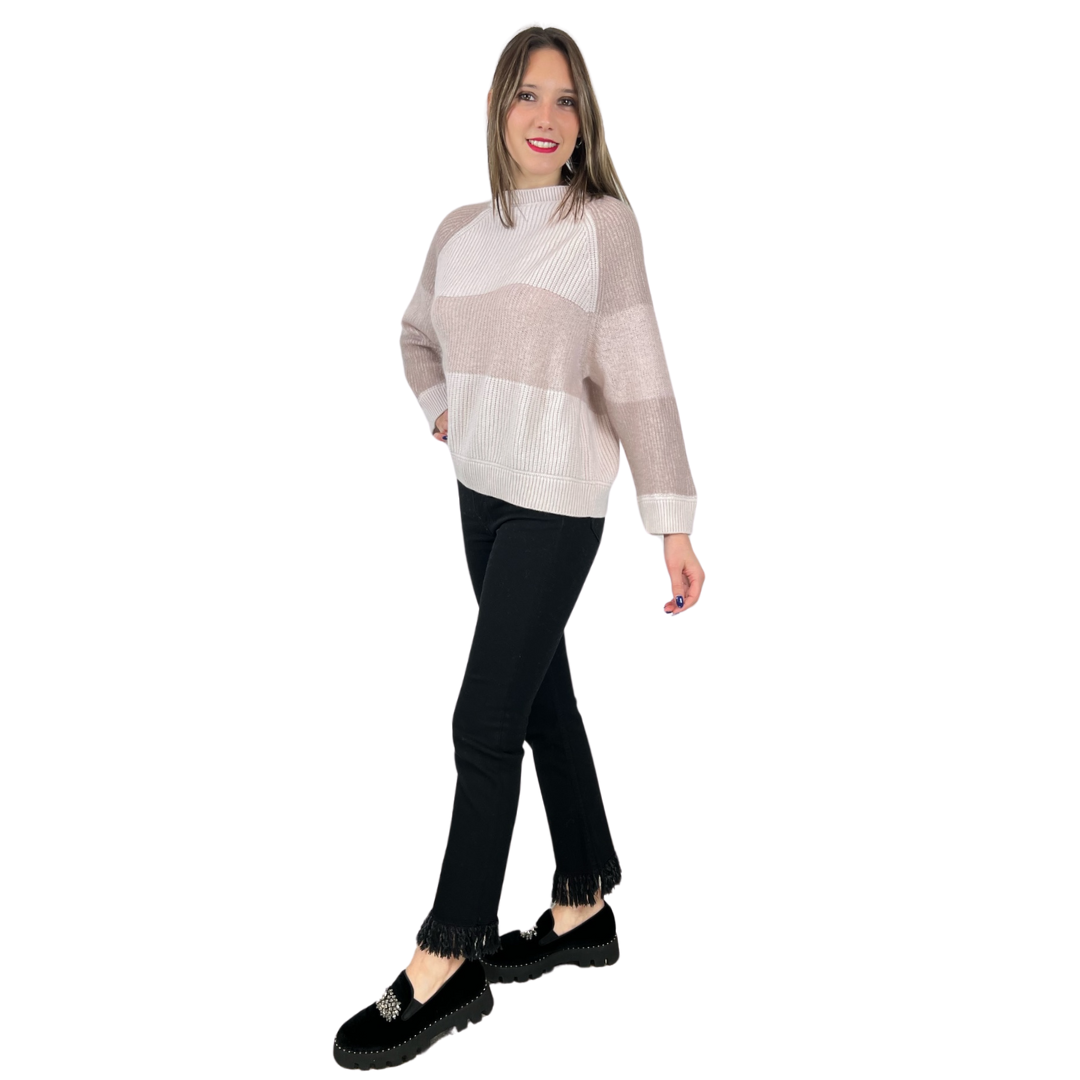 Maglia a costine rosa cipria con parti rosa più scuro in lane miste, modello ampio, girocollo 