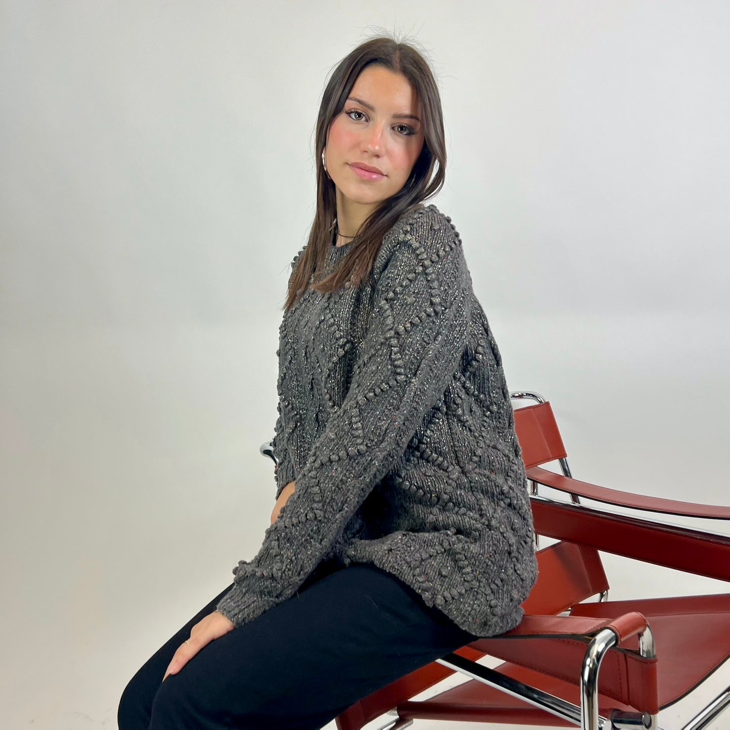 TORY BURCH Maglione grigio marrone melange con rombi e trecce