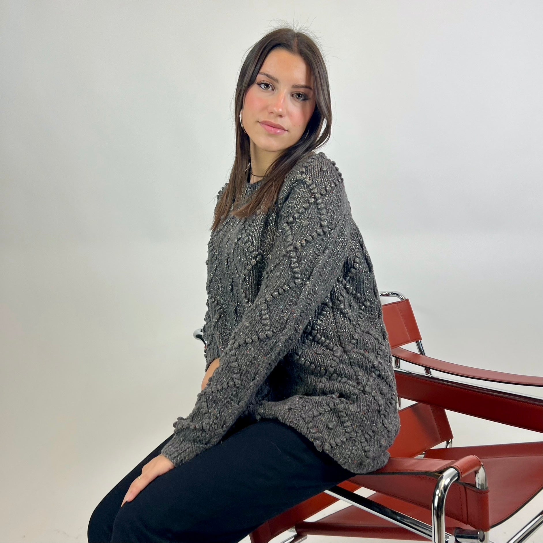 TORY BURCH Maglione grigio marrone melange con rombi e trecce