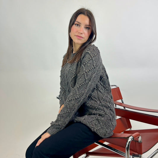 TORY BURCH Maglione grigio marrone melange con rombi e trecce