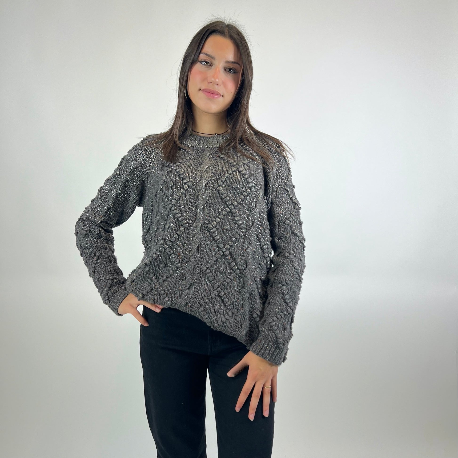 TORY BURCH Maglione grigio marrone melange con rombi e trecce