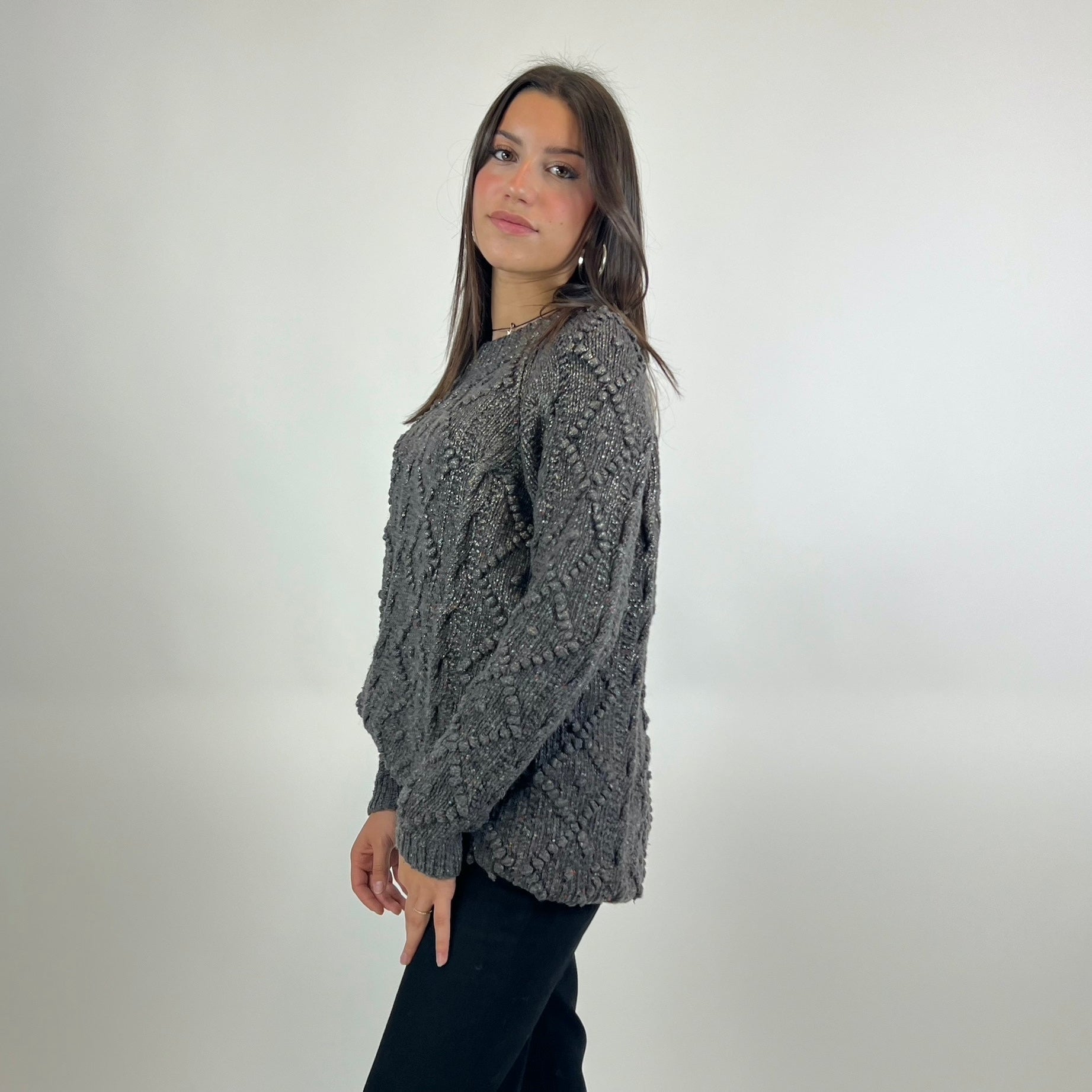 TORY BURCH Maglione grigio marrone melange con rombi e trecce