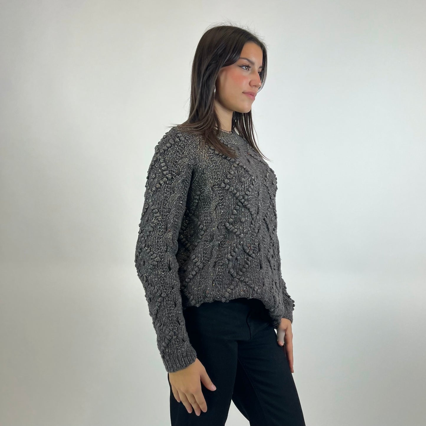 TORY BURCH Maglione grigio marrone melange con rombi e trecce