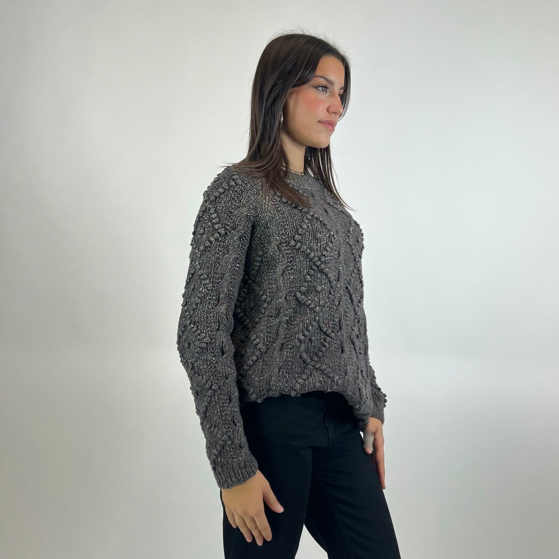 TORY BURCH Maglione grigio marrone melange con rombi e trecce