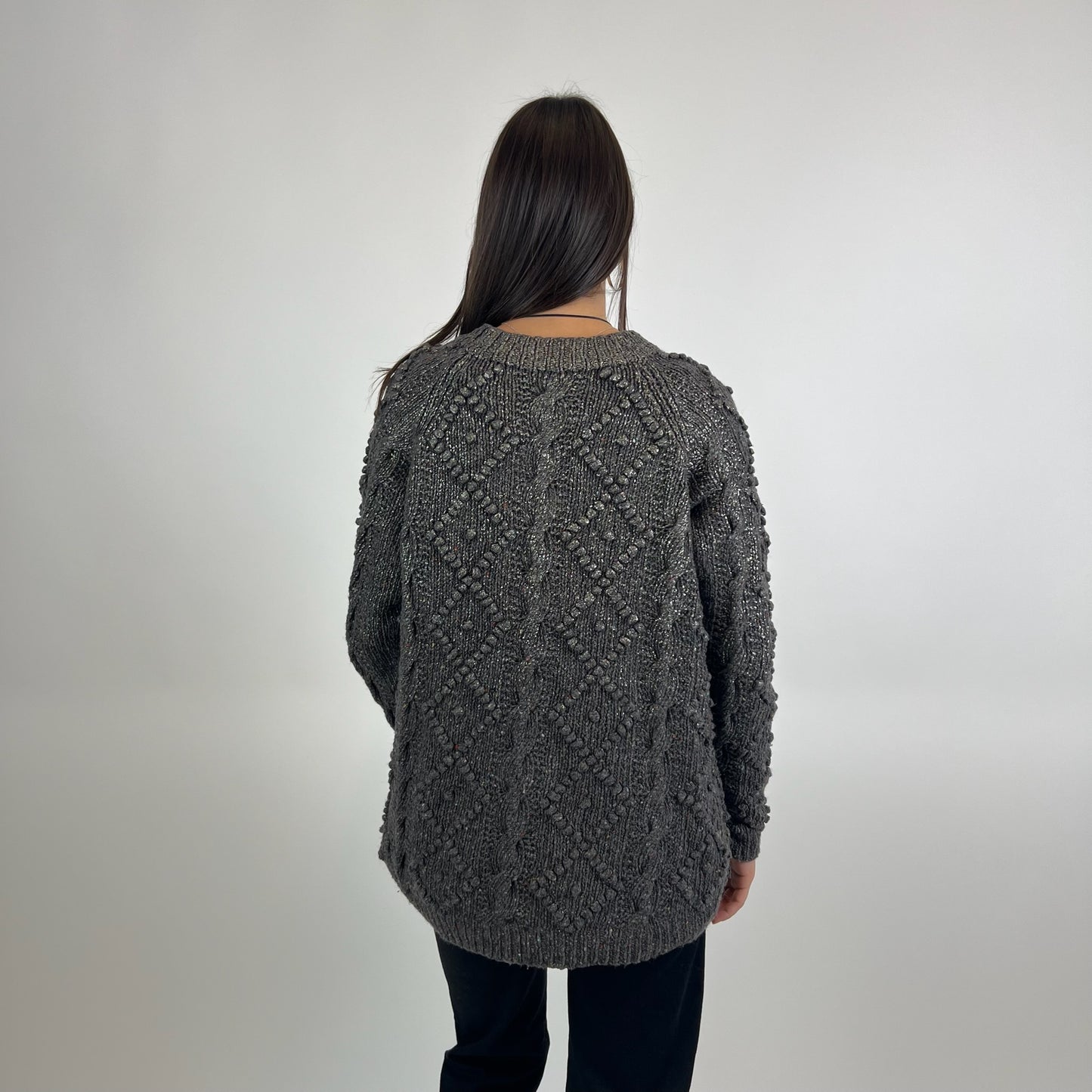 TORY BURCH Maglione grigio marrone melange con rombi e trecce