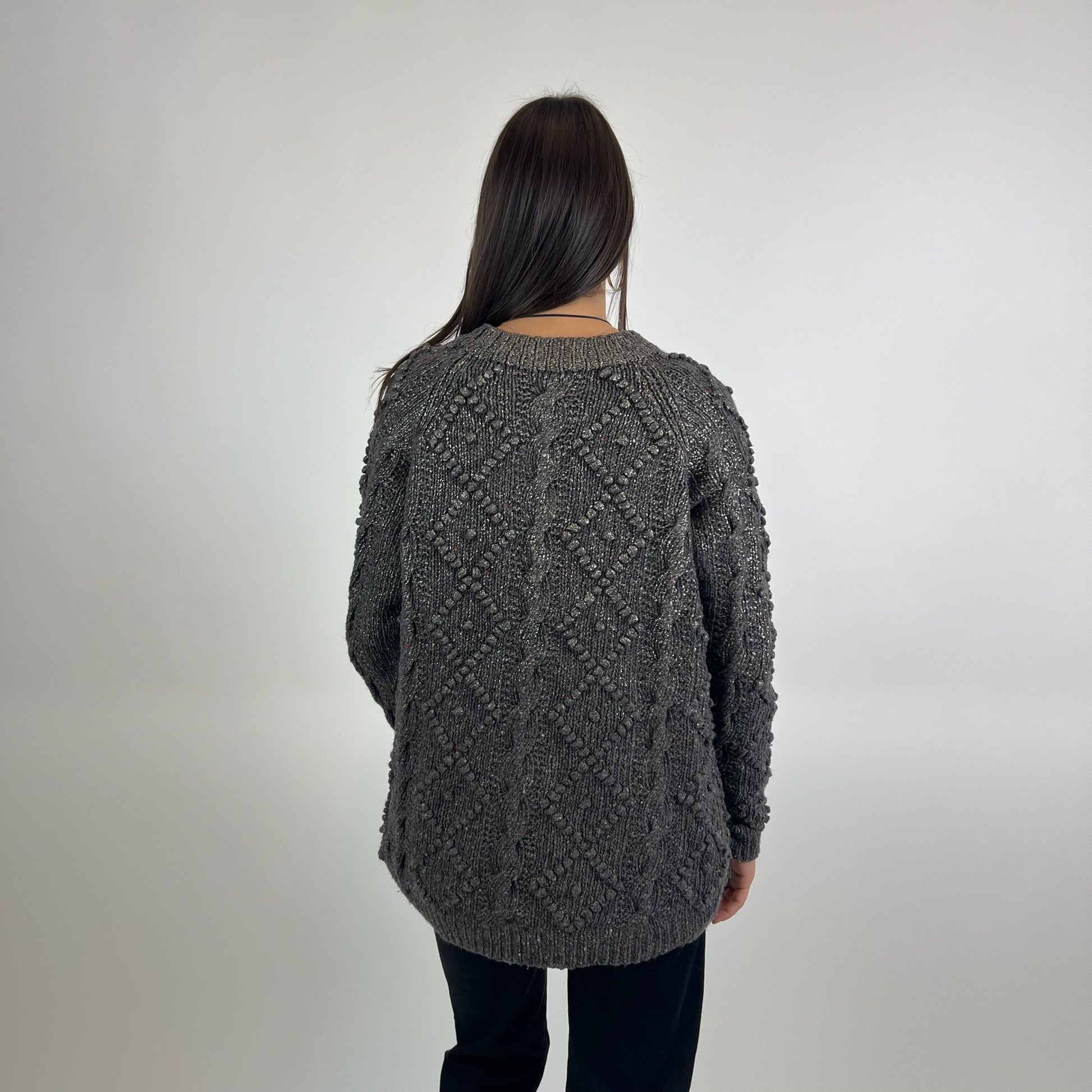 TORY BURCH Maglione grigio marrone melange con rombi e trecce