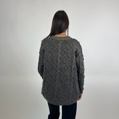 TORY BURCH Maglione grigio marrone melange con rombi e trecce