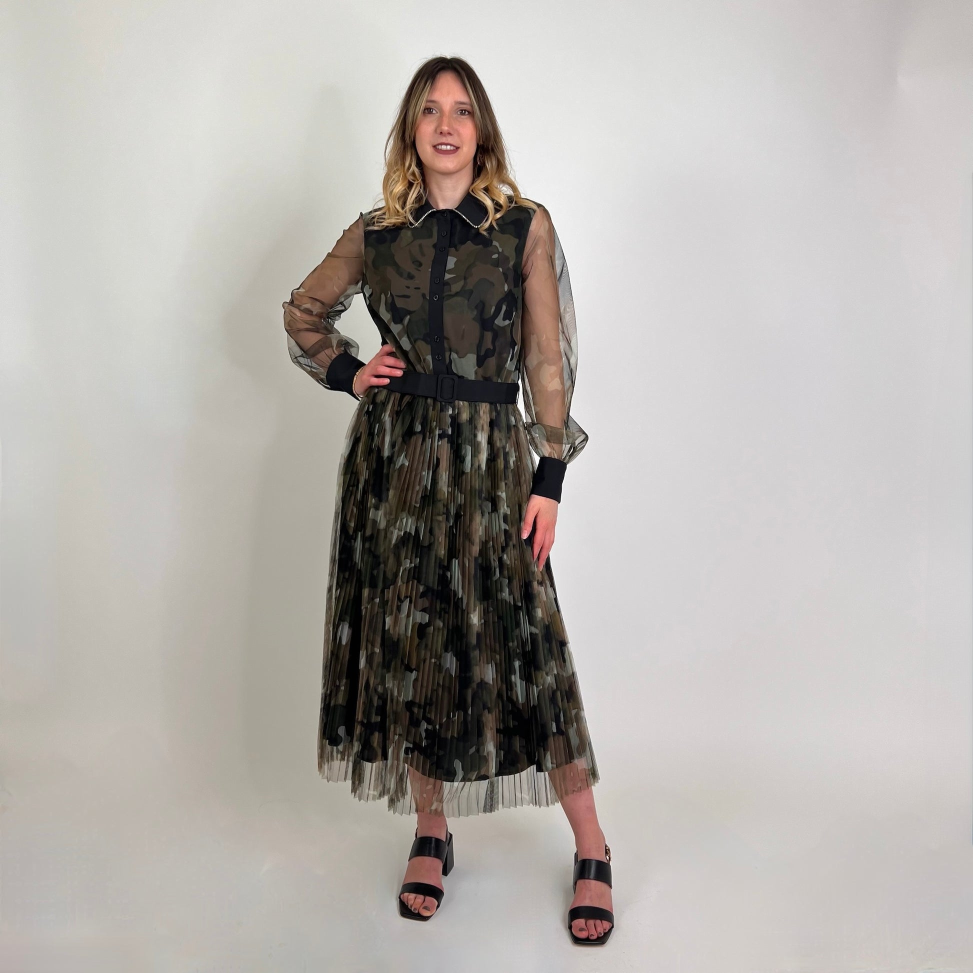 TWIN SET Abito lungo in tulle camouflage