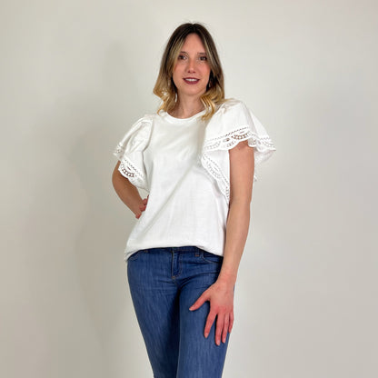 TWIN SET T-shirt bianca con pizzo