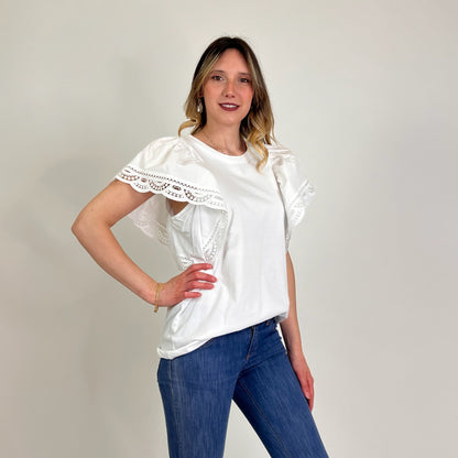 TWIN SET T-shirt bianca con pizzo