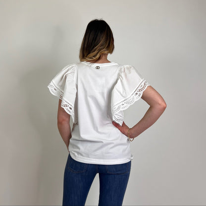 TWIN SET T-shirt bianca con pizzo
