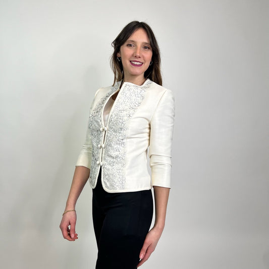 VALENTINO Blazer in tessuto bianco con fiori applicati in pelle 