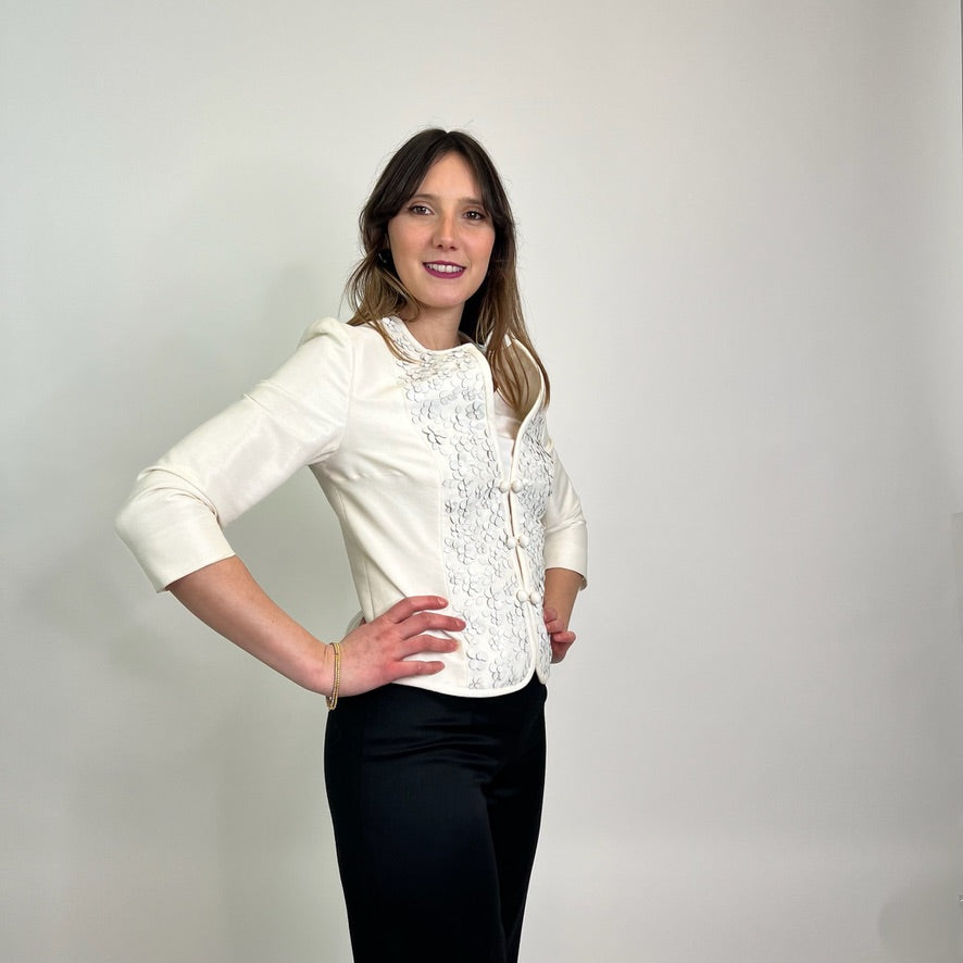 VALENTINO Blazer in tessuto bianco con fiori applicati in pelle 