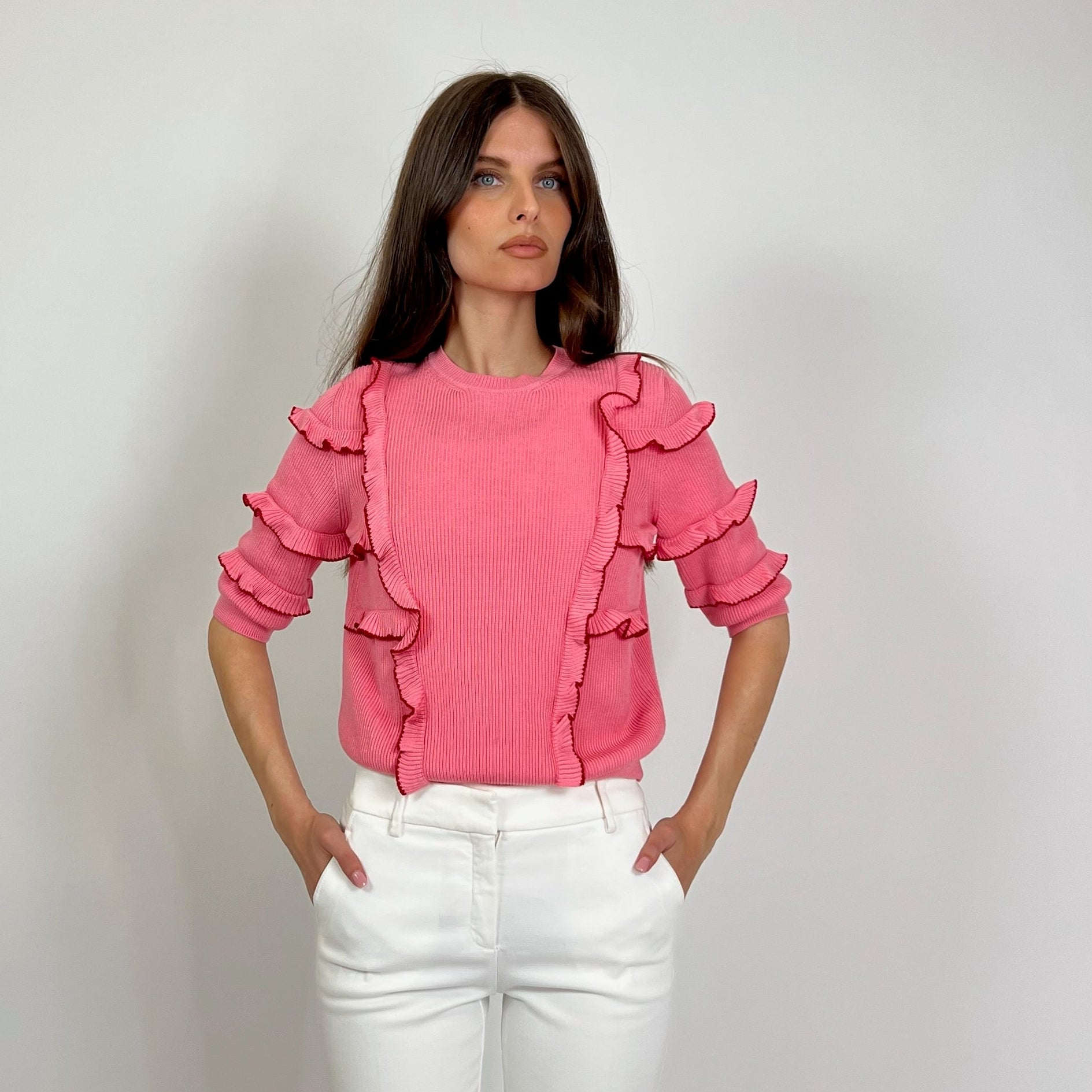 VALENTINO Maglia rosa manica corta con rush con profilo rosso