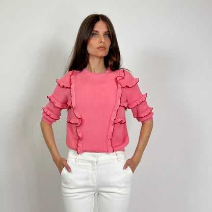 VALENTINO Maglia rosa manica corta con rush con profilo rosso