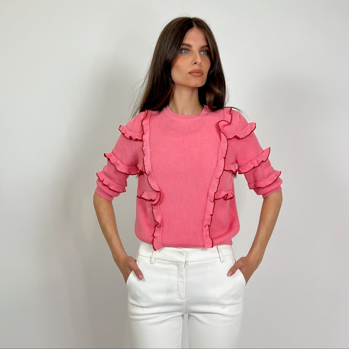 VALENTINO Maglia rosa manica corta con rush con profilo rosso
