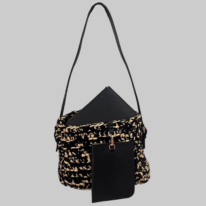VALEXTRA Borsa secchiello intrecciata in raffia e tessuto nero