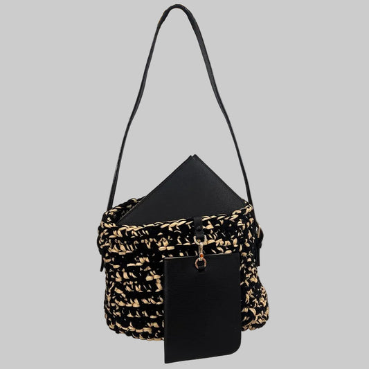 VALEXTRA Borsa secchiello intrecciata in raffia e tessuto nero