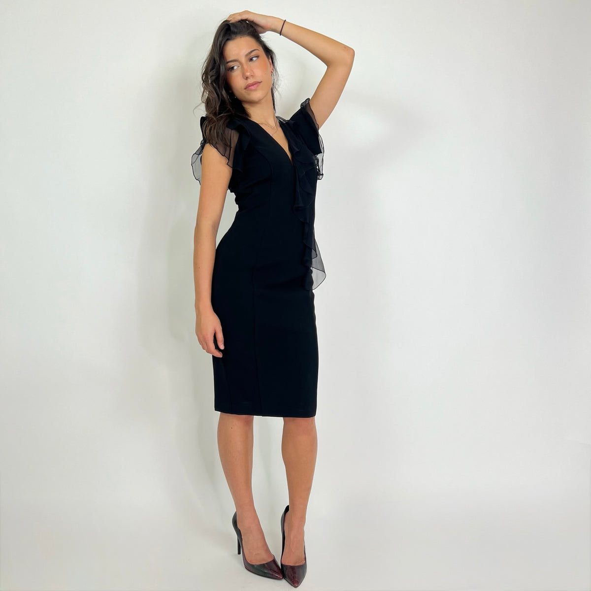 VERSACE Abito tubino nero tessuto strech con zip posteriore