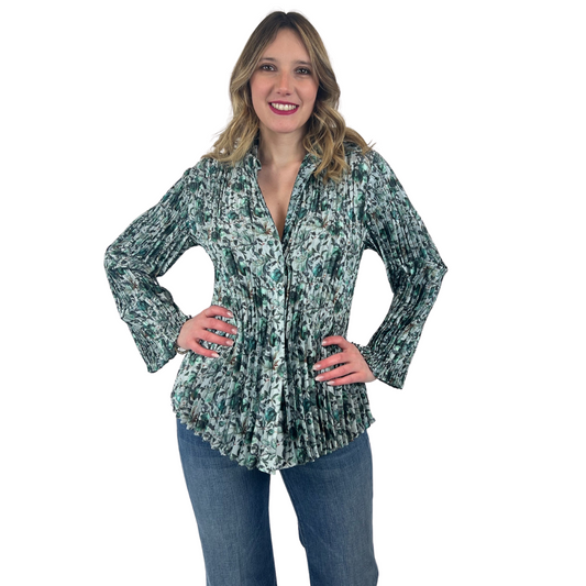 VINCE Camicia plissettata verde e grigia fiorata