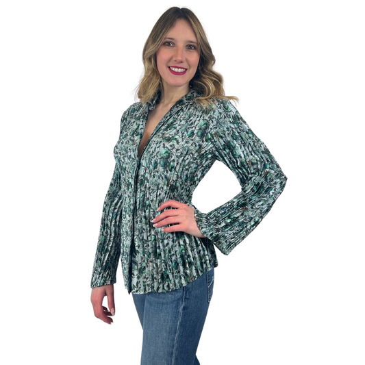 VINCE Camicia plissettata verde e grigia fiorata