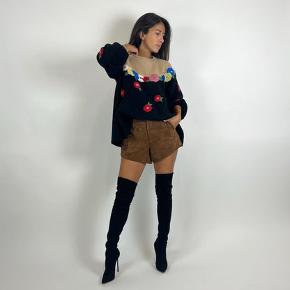 VIVETTA Maglione beige e nero con fiori ricamati