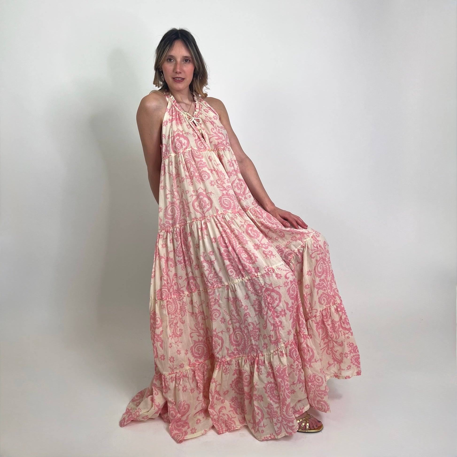 YVONNE S. Abito lungo in garza di cotone stampa cashmere rosa