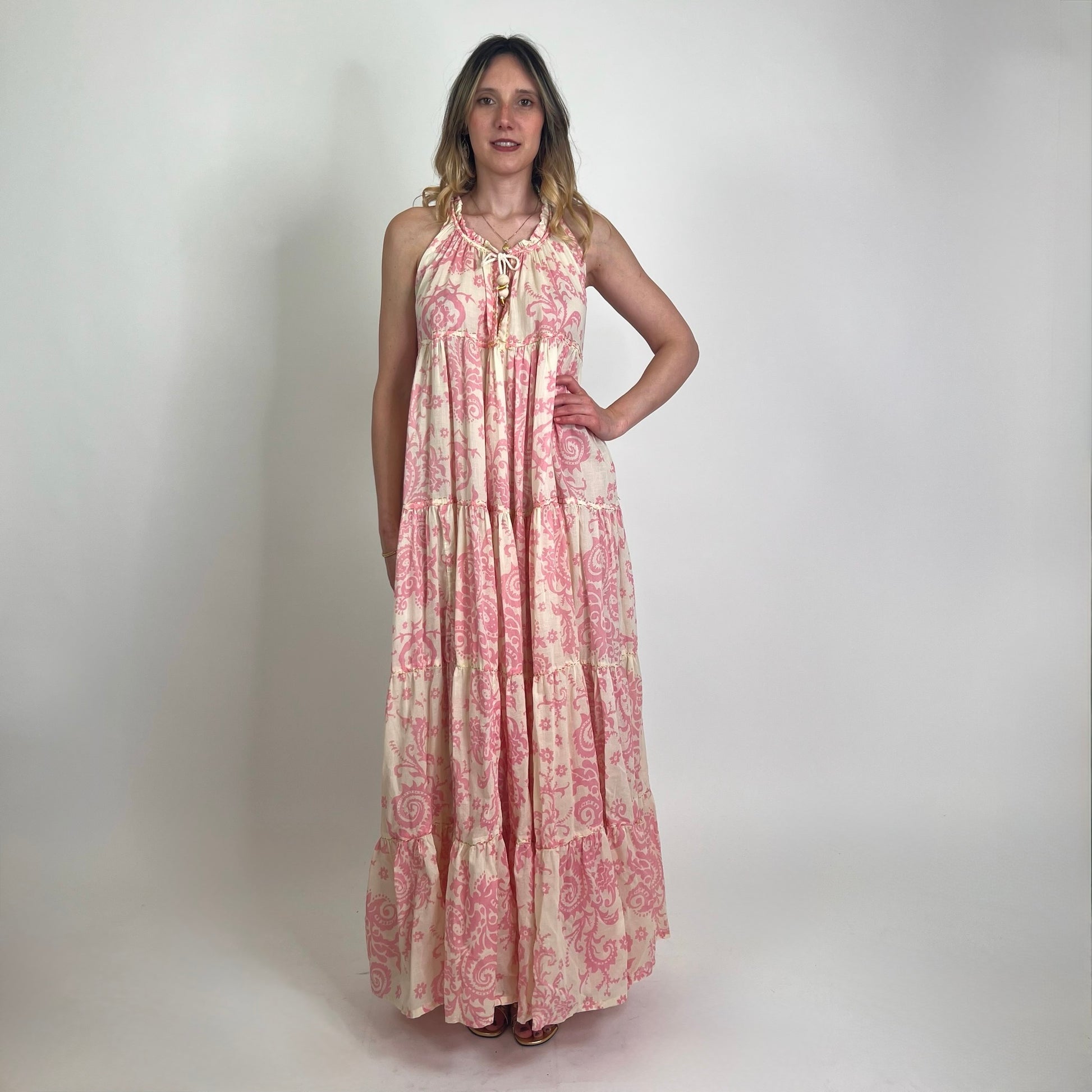 YVONNE S. Abito lungo in garza di cotone stampa cashmere rosa