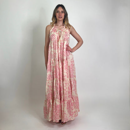 YVONNE S. Abito lungo in garza di cotone stampa cashmere rosa