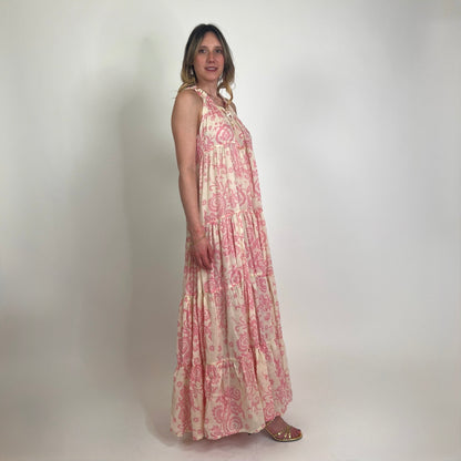 YVONNE S. Abito lungo in garza di cotone stampa cashmere rosa