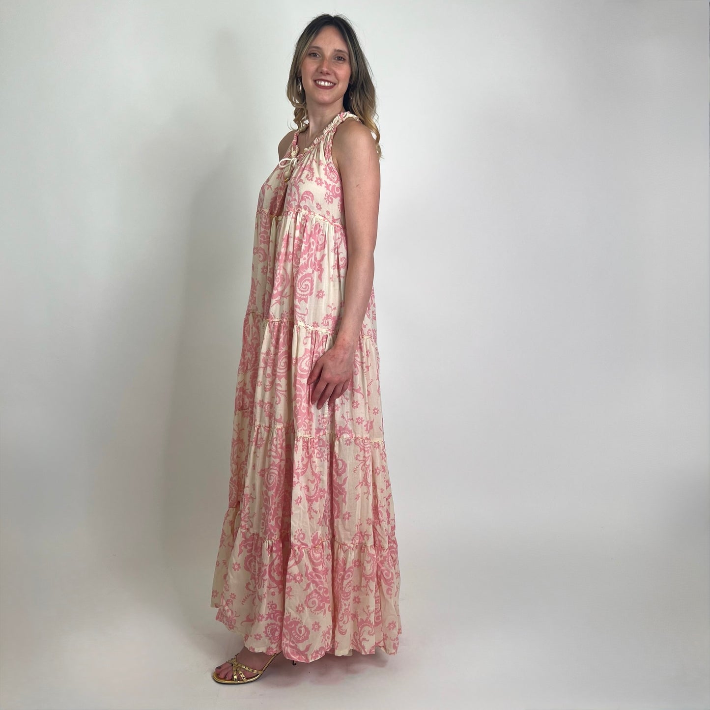 YVONNE S. Abito lungo in garza di cotone stampa cashmere rosa