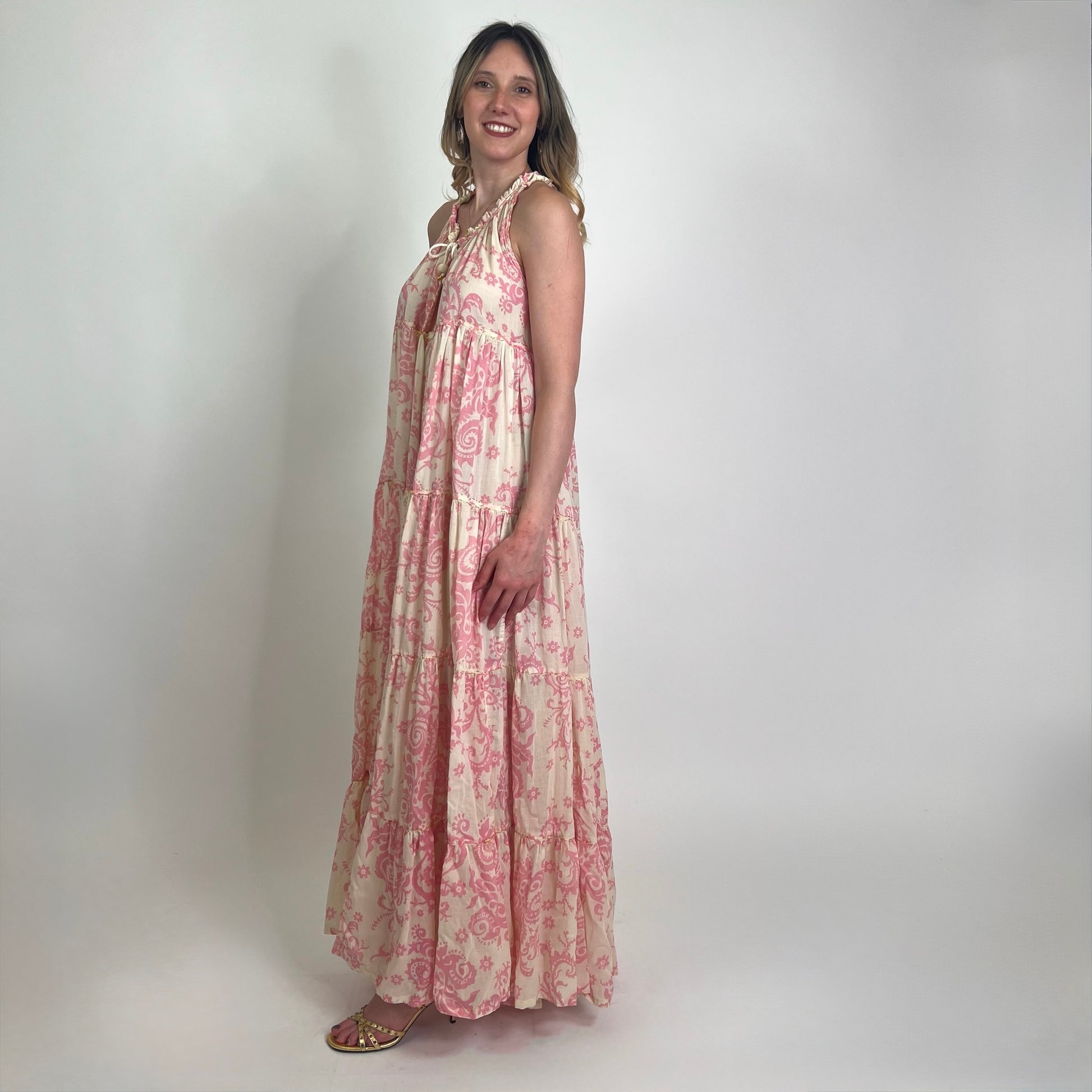 YVONNE S. Abito lungo in garza di cotone stampa cashmere rosa
