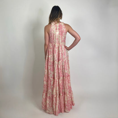YVONNE S. Abito lungo in garza di cotone stampa cashmere rosa