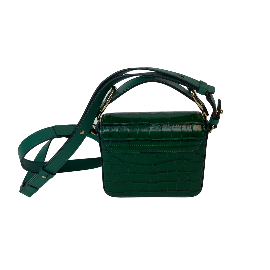 Borsa piccola in pelle verde prato effetto cocco con chiusura C oro un manico e tracolla. Mini Chloé C 