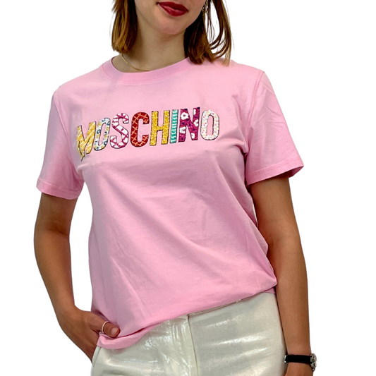 T-shirt cotone rosa pallido manica corta con scritta logo in paillettes colorate. 
